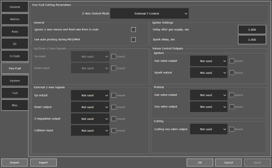 Window "Settings" of the oxy-fuel module