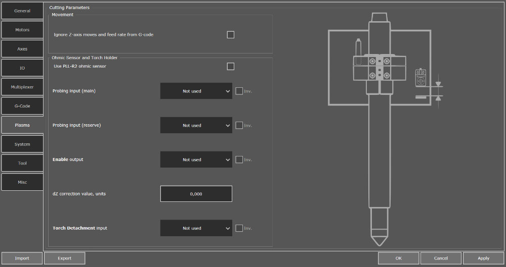 View of the tab with the ohmic sensor settings