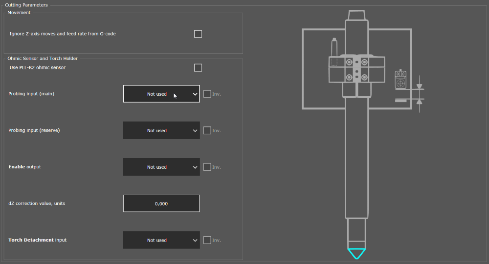 Probing input (main) in the settings field and on the scheme