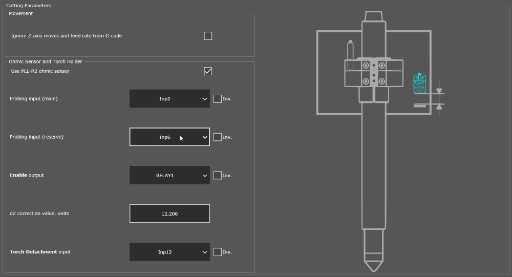 Probing input (reserved) in the settings field and on the scheme