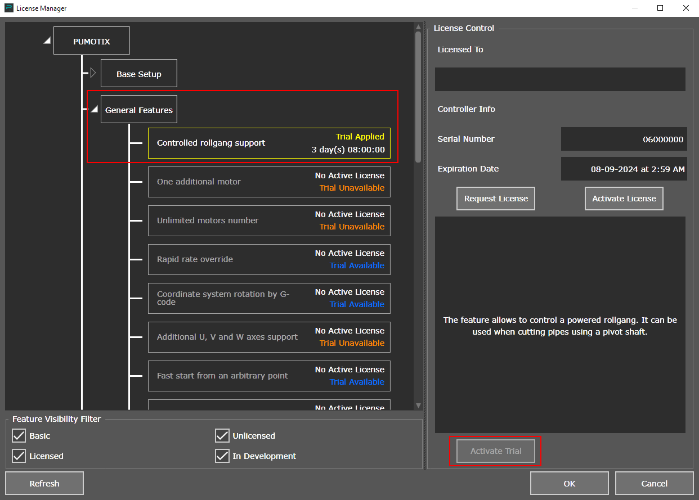 Activation of the trial period of the "Controlled rollgang support" feature