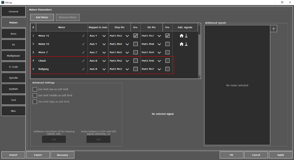 Motors Settings