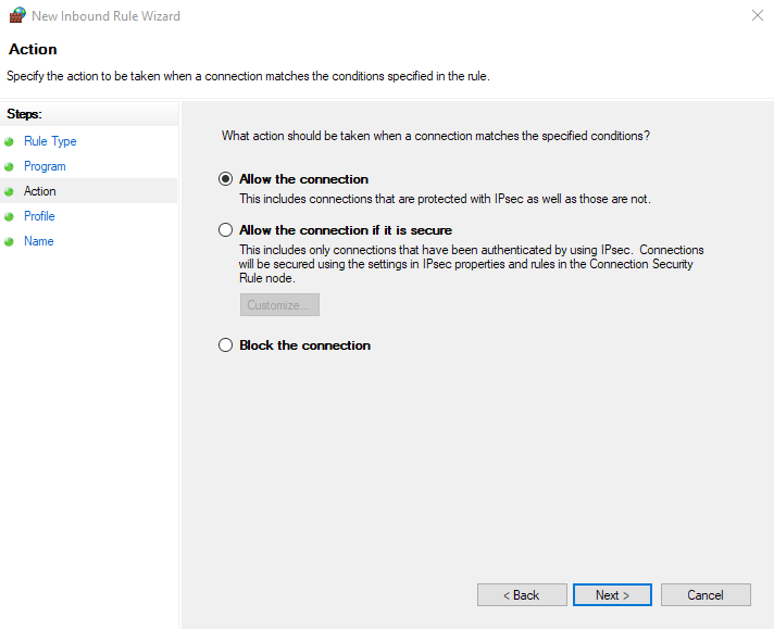 New Inbound Rule Wizard allow the connection.png